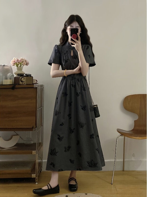 New Chinese-Style Improved Cheongsam Short-Sleeved Dress for Women, Summer Plus-Size, High-End, Waist-Cinching, Age-Reducing Long Dress
