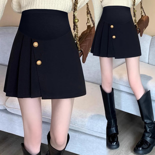 Pregnant Women's 2024 Autumn and Winter Slimming Forest-Style Woolen Solid Color Buttoned Side Pleated Skirt A-Line Half-Length Belly-Supporting Short Skirt