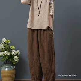 2026夏季新款棉麻套装高腰显瘦哈伦裤棉麻上衣女国风洋气妈妈套装