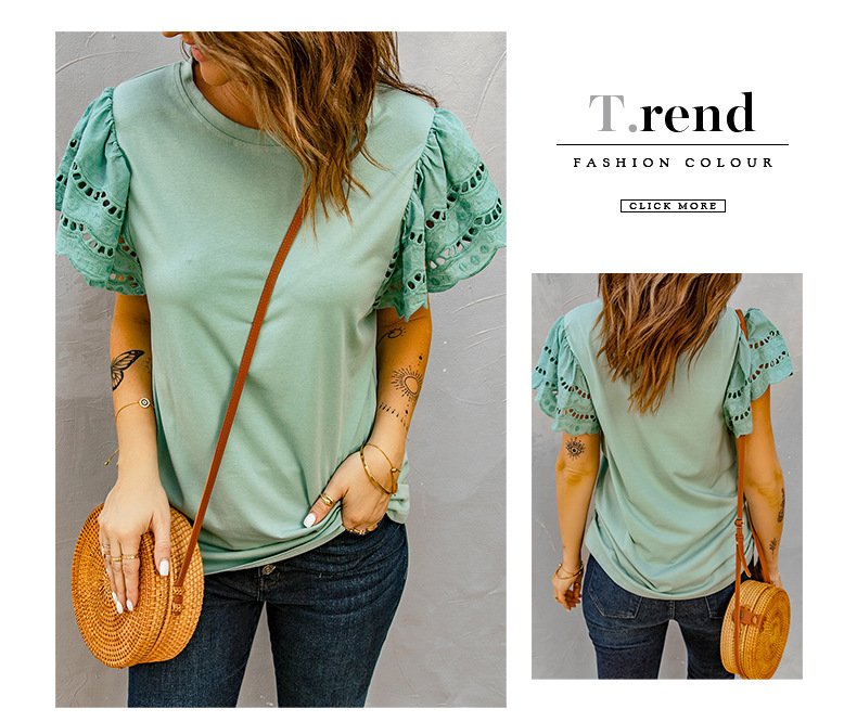 round neck short sleeve hollow loose solid color t-shirt NSSI120252