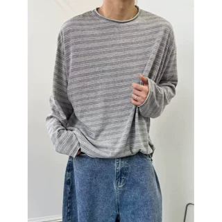 春季复古百搭宽松毛边圆领条纹长袖T恤打底衫男薄款打底衫男上衣