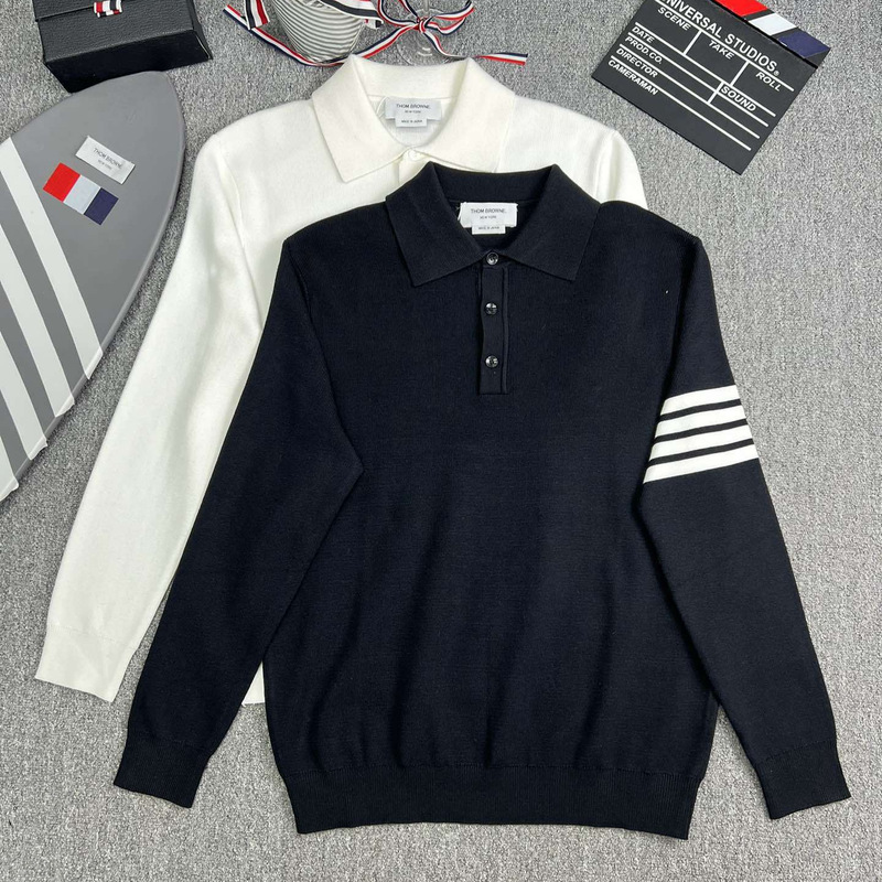 Factory Store High-Quality Spring and Autumn Four-Stripe Long-Sleeve Collared Button-Up Knit Fashion Sweater, Comfortable to Wear