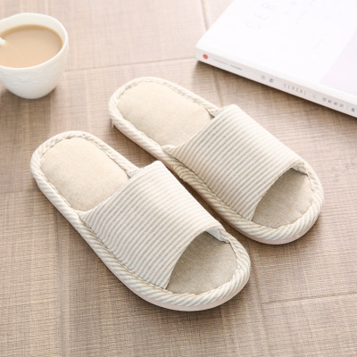 Zapatillas para el hogar de primavera y verano parejas de hombres y mujeres zapatillas de lino a rayas coreanas interior portátil fabricante de suela gruesa japonesa al por mayor
