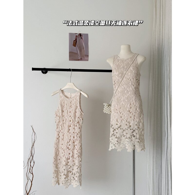 Sya Xi Xiaoxi French-Style Gentle Dress for Women, Spring Dress with Hollow Lace, Sleeveless Inner Short Dress Sya Xi Xiaoxi French-Style Gentle Dress for Women, Spring Dress with Hollow Lace, Sleeveless Inner Short Dress