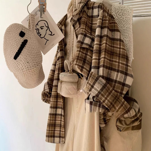 Large women's American retro color-blocking brushed checkered shirt, women's layering cardigan, spring and autumn top