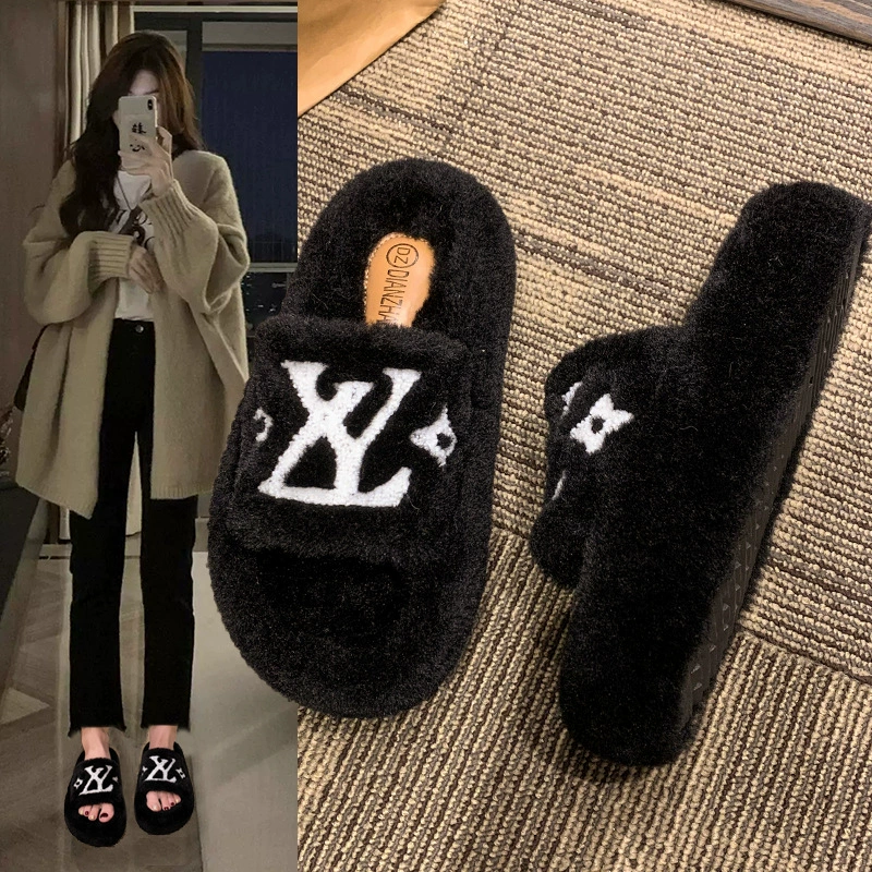 Буква с толстым дном шерстяные тапочки женские осенние и зимние новые домашние интерьеры корейские дикие плоские нескользкие теплые тапочки