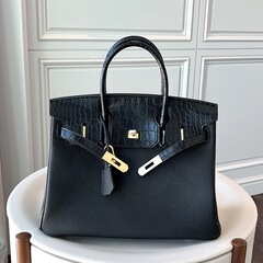 2022新款高級感頭層牛皮荔枝紋拼接鱷魚紋鉑金包大容量手提女包潮