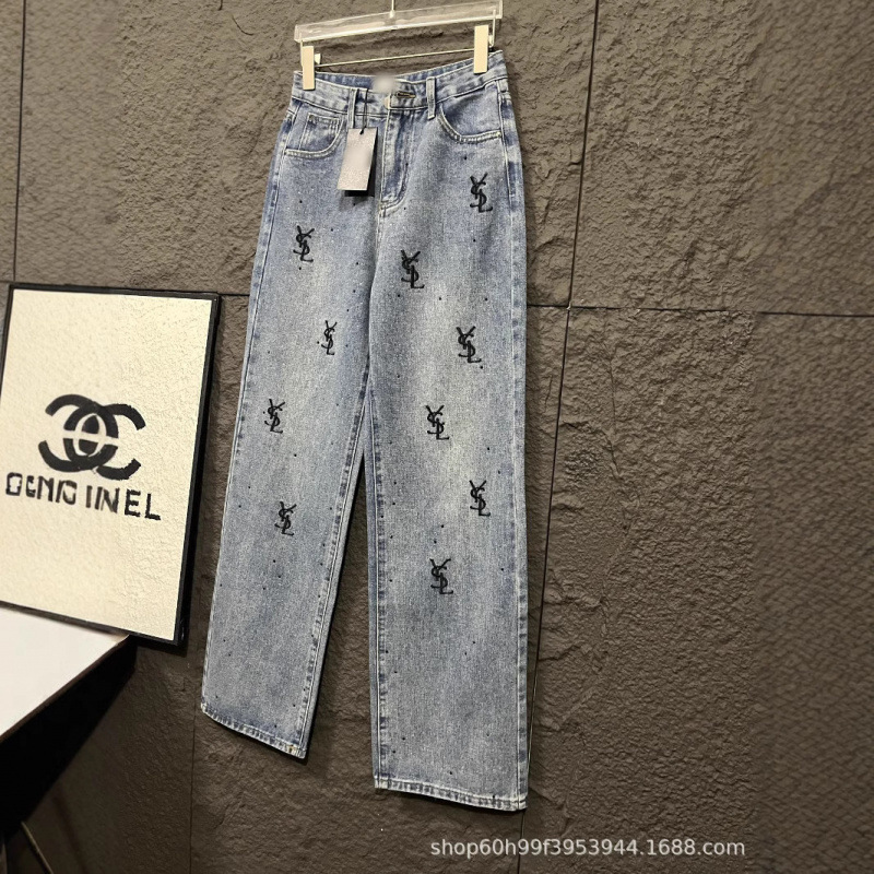 25 春夏新作ニッチデザインヘビーデューティーウォッシュホットダイヤモンドレター刺繍ストレートジーンズ女性用|undefined