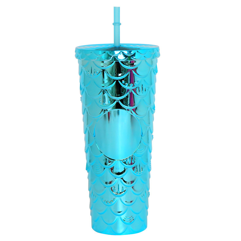 プラスチックカップ新型二重クリエイティブグラデーションマーメイドテールストローカップドリアンカップメッキカラースパンコールカップ|undefined