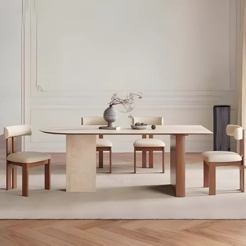 Mesa de comedor de madera sólida medieval de piedra y tabla de roca de diseño retrógrado de estilo francés, mesa de comedor de isla semi-elíptica creativa