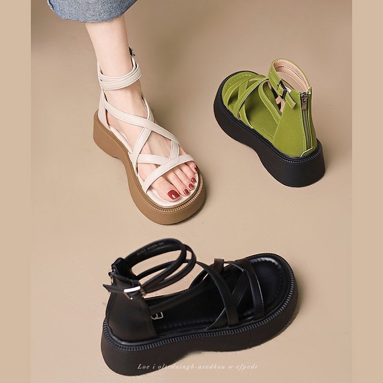 Popular Platform Sandals For Women, Summer 2024 New French Style, High-end Black Retro Beach Roman Shoes_vogvips.com