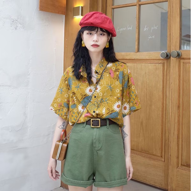 海辺のリゾートスタイルの花柄シャツ夏ルーズカジュアル香港スタイルレトロフラワールーズ半袖シャツ女性のトップ|undefined