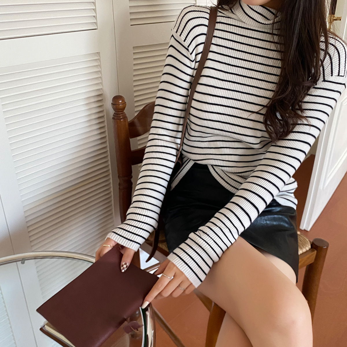 striped turtleneck plus velvet thick knitted shirt nihaostyles clothing wholesale NSFYF85647