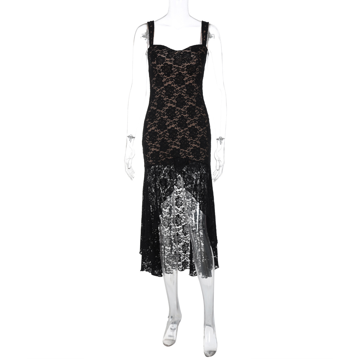 Suspenders Sexy Lace Low Cut Slim Fit Sheath Irregular Asymmetric Swing Circumference Dress