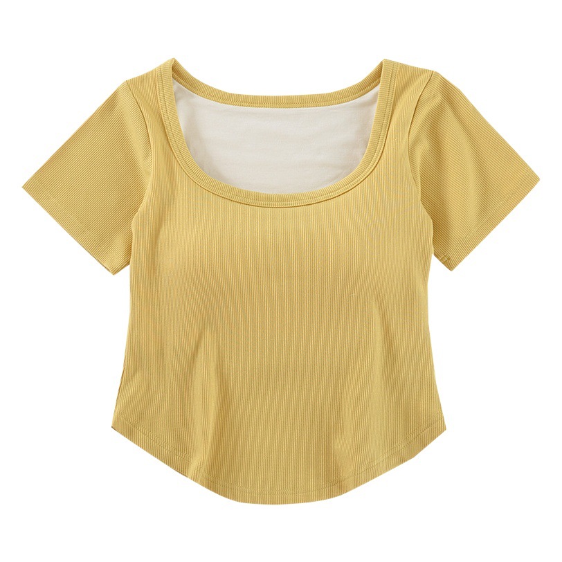 One-piece Navel-exposed Square Collar Short-sleeved Cup Waist-length Base Shirt with Chest Pad Korean Style Fashionable Inner T-shirt for Women