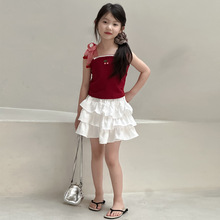 童套装2024夏女童樱桃蝴蝶结吊带白色蓬蓬裙套装中小童甜美两件套