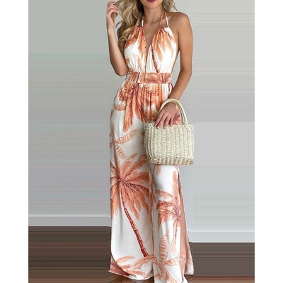 系带连体裤 Tropical Print Halter Backless Side Slit Jumpsuit|ms