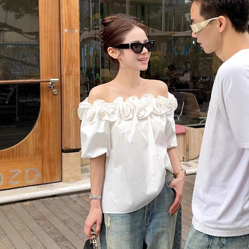 Early Summer High-end European-style Western-style Top for Niche-style Unique Off-shoulder White Laced Collar Shirt for Women