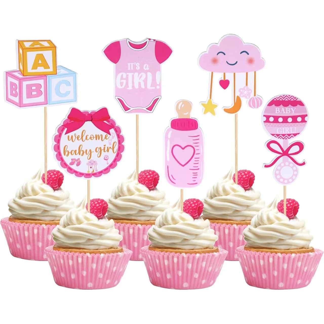 Pastel de ducha de bebé rosa con tarjeta