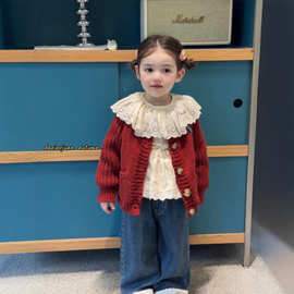 大小卷儿童红色毛衣2025秋新款女童韩版纯色简约毛线开衫上衣外套