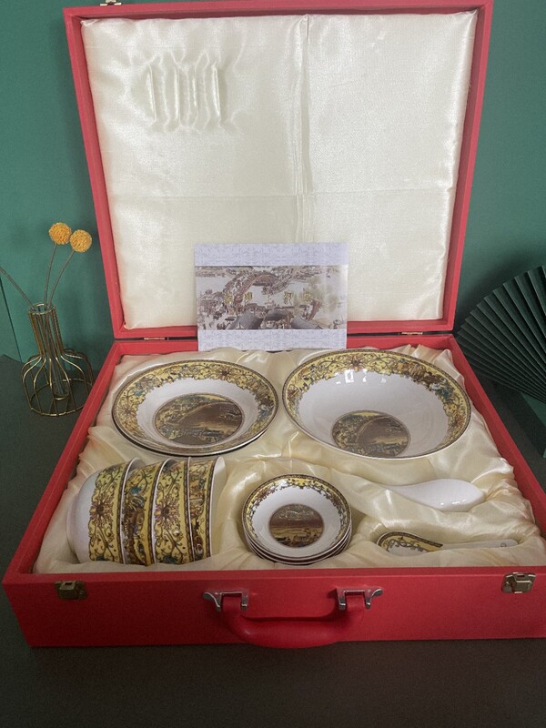 16 Skull Porcelain Tableware Set Chinese Style Qingming Shanghe Figure Simple Tableware Bowl Plate Spoon Plate Set Gift Porcelain