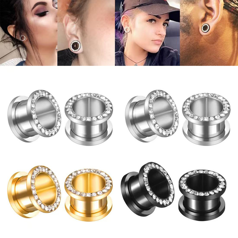 Cross-Border E-Commerce Hot-Selling Personalized Stainless Steel I-Shaped Round Ear Expanders with Diamond Ear Expanders and Body Piercing Jewelry