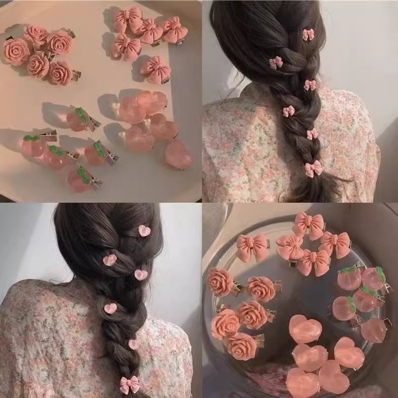 春の新鮮でかわいいピーチヘアピンインかわいい甘いリボンガールサイドクリップローズフラワークリップ|undefined
