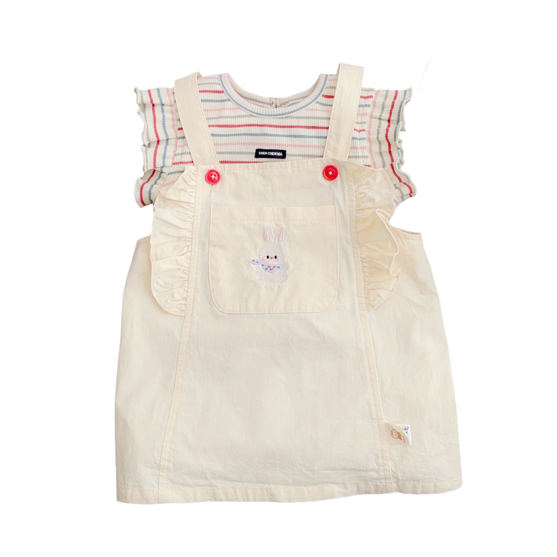 Niñas a rayas sin mangas nuevo verano niña bebé dulce camisa de fondo niños bordado conejo falda con tirantes traje de dos piezas