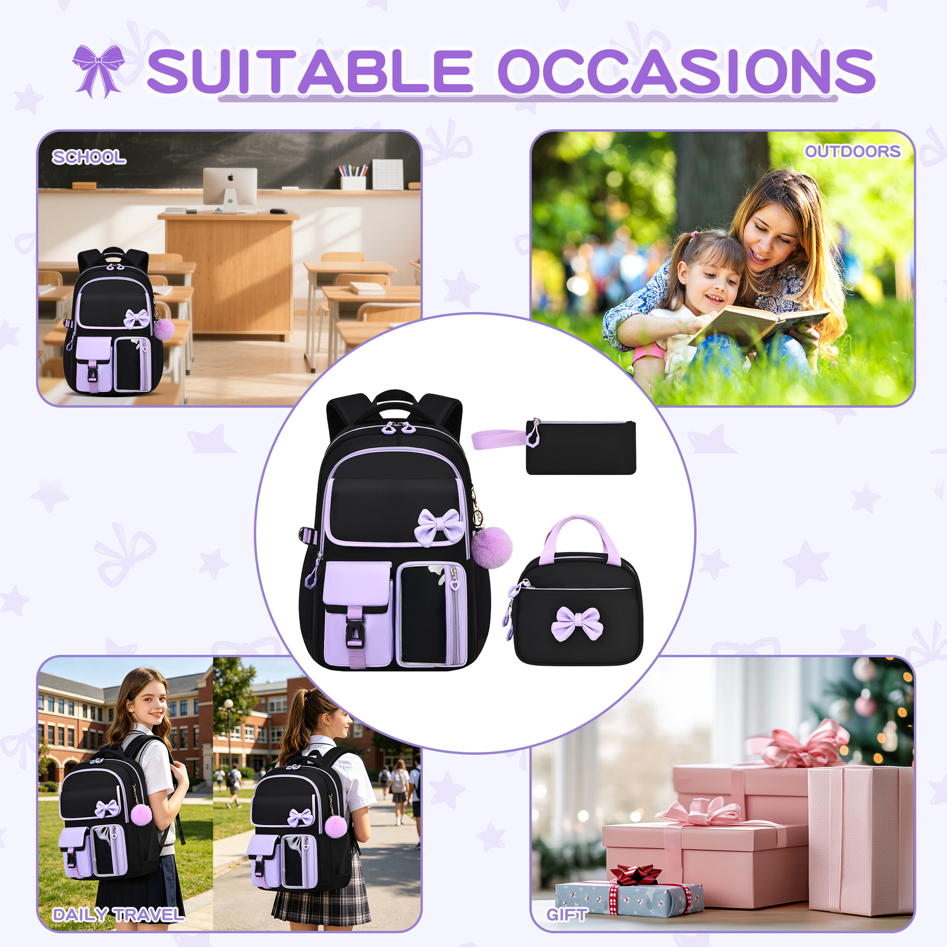 Amazon Best-selling High-capacity Bow Tie Three-piece Set Schoolbag for Girls, Junior and Senior High School and College Students, Backpack