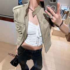 立领做旧美式复古短款牛仔外套女早秋新款正肩夹克上衣