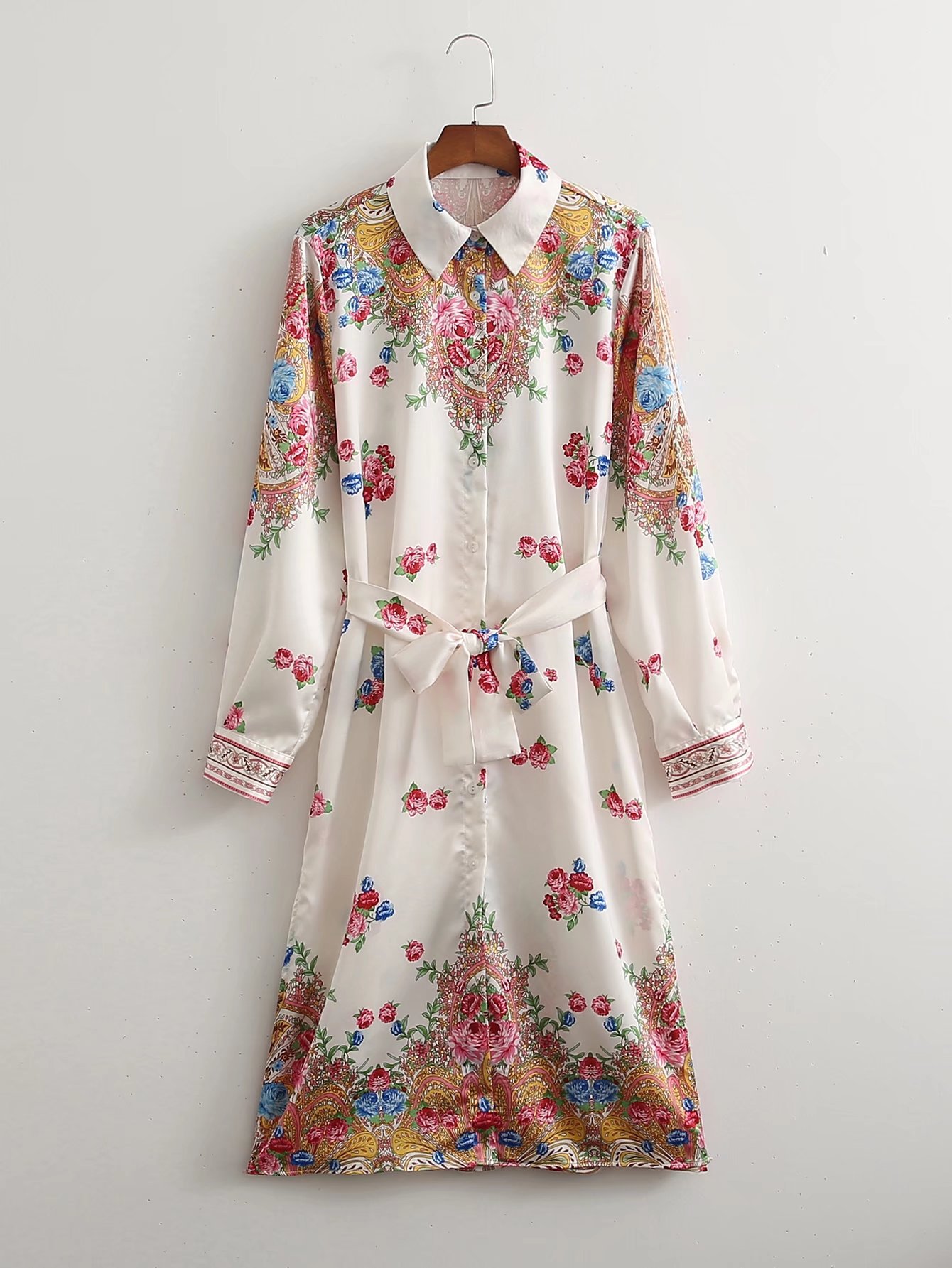 lapel lace-up long sleeve floral shirt dress NSAM128756