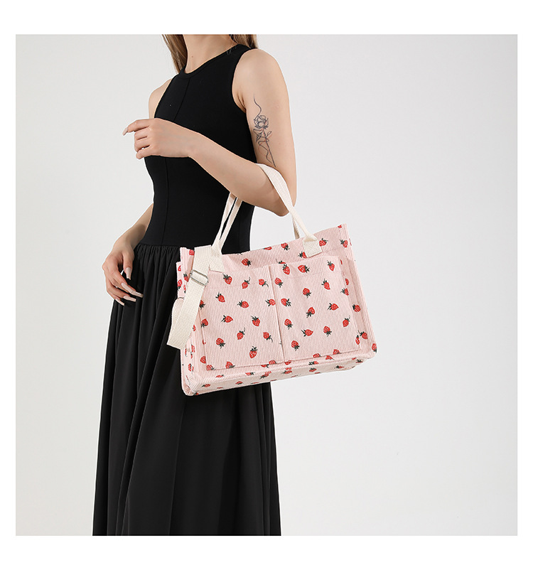 300g Weight Polyester Lining Material Zipper Closure Type Single Shoulder Strap Strap Type Tote Bag Bags Type Casual, School Occasion Corduroy Material Solid Color, Strawberry Pattern All Seasons Season Women's Gender Basic, Classic Style Style Square Shape Large Size Women's Large Corduroy Solid Color Strawberry Basic Classic Style Square Zipper Tote Bag 7