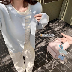 曾小咸 蓝色条纹假两件针织衫女2025春新品小个子圆领显瘦上衣服