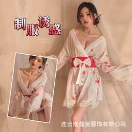 蔻妮夜生活内衣性感草莓印花透视开襟V领和服魔术贴腰封套装代发