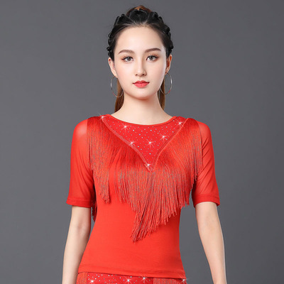 Red black tassels  Latin dance  blouses Latin Ballroom Dance Shirts For Women tassel short-sleeved modern top female 