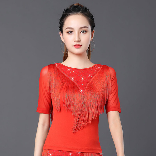 Square dance clothing dance training Latin dance clothing new summer tassel short-sleeved body modern dance tops for women