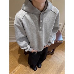 麻灰色解构纽扣半开领连帽卫衣男秋季潮牌小众设计感运动休闲帽衫