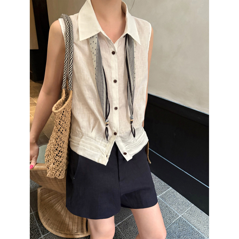 Han Xun Japanese-Style Cool and Understated Breathable Linen Lapel Sleeveless Slim-Fit Shirt for Women 2026 Summer Model 26820