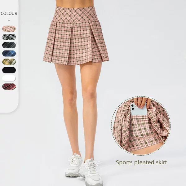 Spring and Summer New Plaid Sports Skirt Outdoor Running Tennis Skirt Pants Fake Two-Piece Yoga Skirt Pants Pleated Skirt 2242