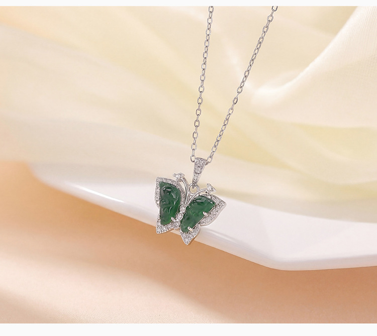 Mặt dây chuyền bạc S925 hình bướm đính đá Emerald tự nhiên phong cách Trung Quốc — Màu bạc (mặt dây chuyền đơn - không bao gồm dây chuyền) chi tiết 4