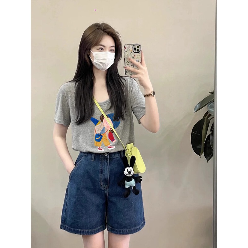 Cotton Gray U-Neck Cartoon Short-Sleeved T-Shirt for Women, Summer New Style, Large Neckline Design, Loose Casual Top