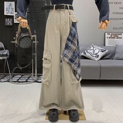 韩版复古小众辣妹格子拼接口袋设计感宽松百搭时尚牛仔工装长裤女