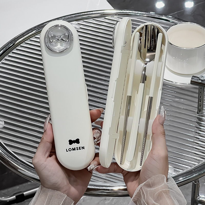 304 Stainless Steel Chopsticks Spoon Set Tableware Portable Box Primary School School Storage Box Three-piece Set