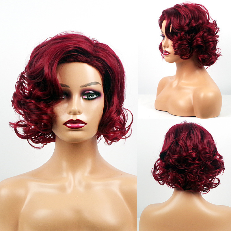 Middle-Aged Wig for Women Amazon New European and American Hair Women's Wig Burgundy Medium and Short Hair Chemical Fiber Wig Headgear