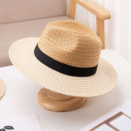 New fashionable and simple spring and summer sun protection raffia flat top hat for women travel beach flat top straw hat