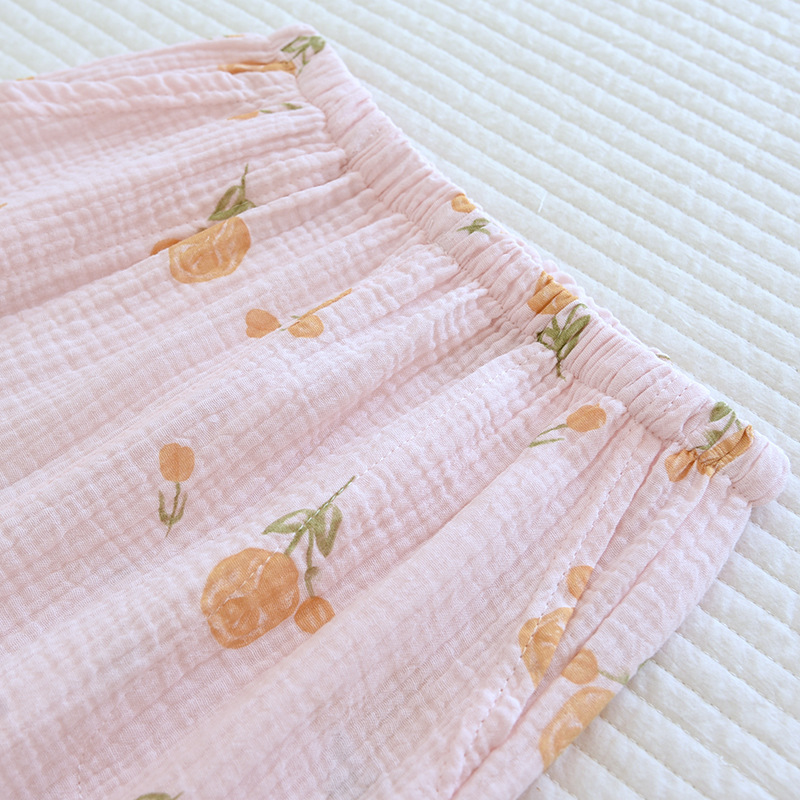 Spring And Summer New Trousers Women's Cute Flowers Thin Section 100%Cotton Crepe Casual Pants Loose Home Pants Women Bottoms