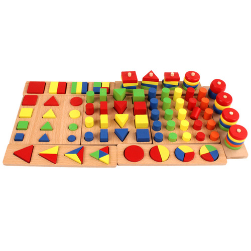 Five sets of puzzle early education columns, baby geometry intelligence board, shape matching building block toys, teaching aids for young children's enlightenment