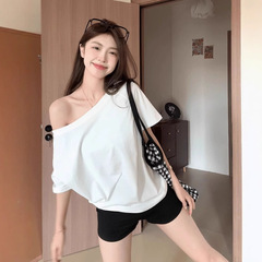 オフショルダーワンラインカラーオフショルダー半袖Tシャツレディース夏新作レイジースタイルゆったり痩身ホットガールデザイントップ