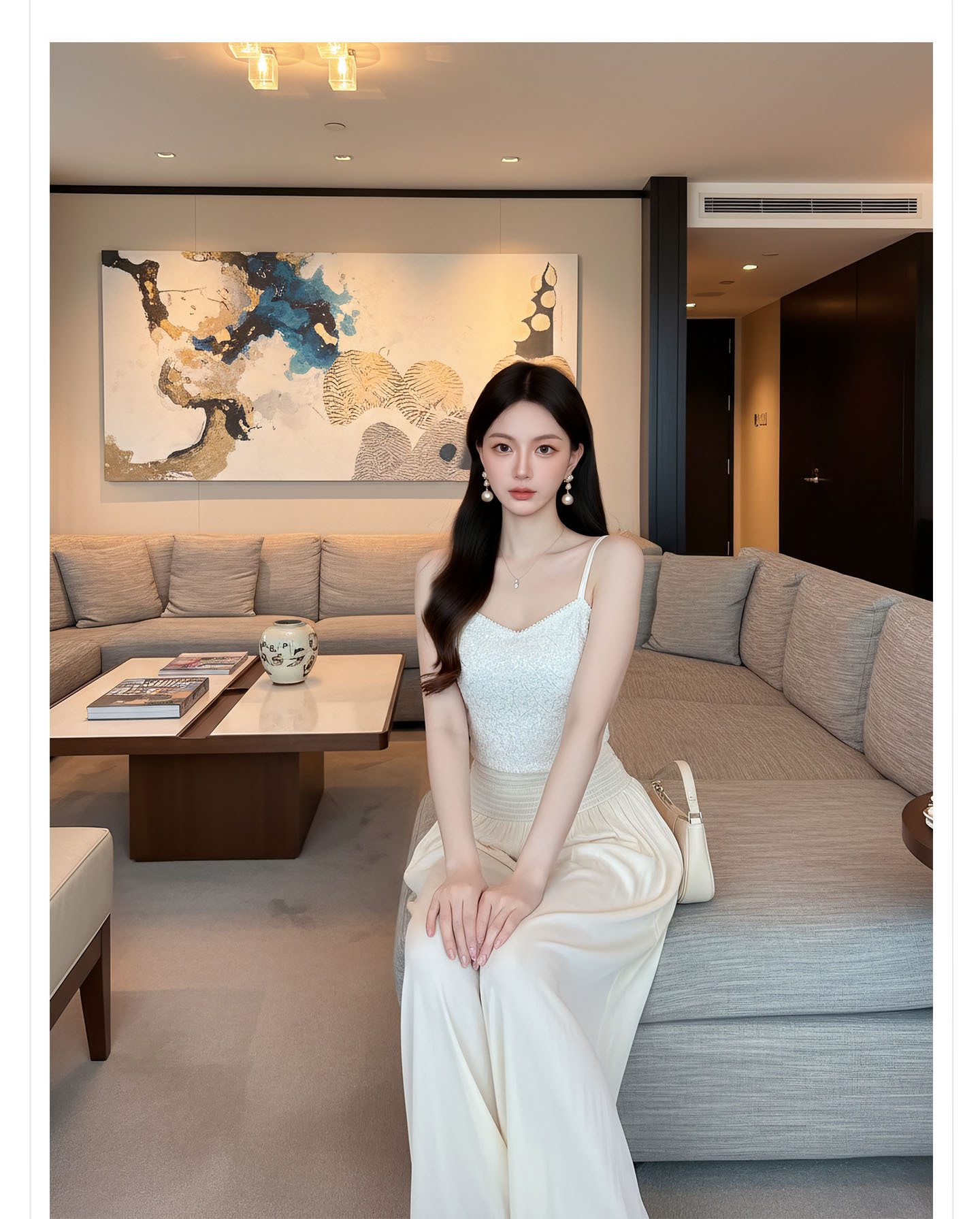 Bộ đầm maxi thắt eo phong cách quốc phong cao cấp — Gạo trắng Sling, bộ đồ, Quần dài màu hạnh chi tiết 4
