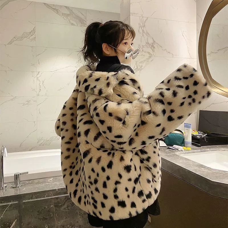 Faux Fur Coat Korean Version, Spotted Leopard Print, Imitation Cotton Lining, Thickened Winter
